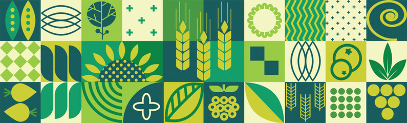 Agricultural geometric mosaic with a seamless pattern and abstract shapes featuring organic, eco-friendly plant-based farm products.