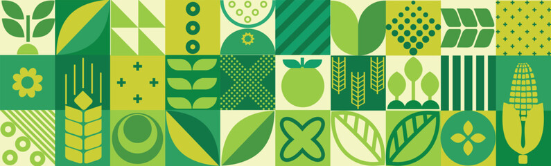 Agricultural geometric mosaic with a seamless pattern and abstract shapes featuring organic, eco-friendly plant-based farm products.