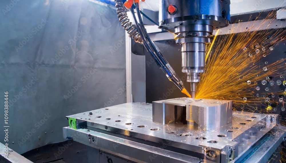 Aufkleber metalworking cnc milling machine in operation â€“ advanced hi-technology machining process showcasin