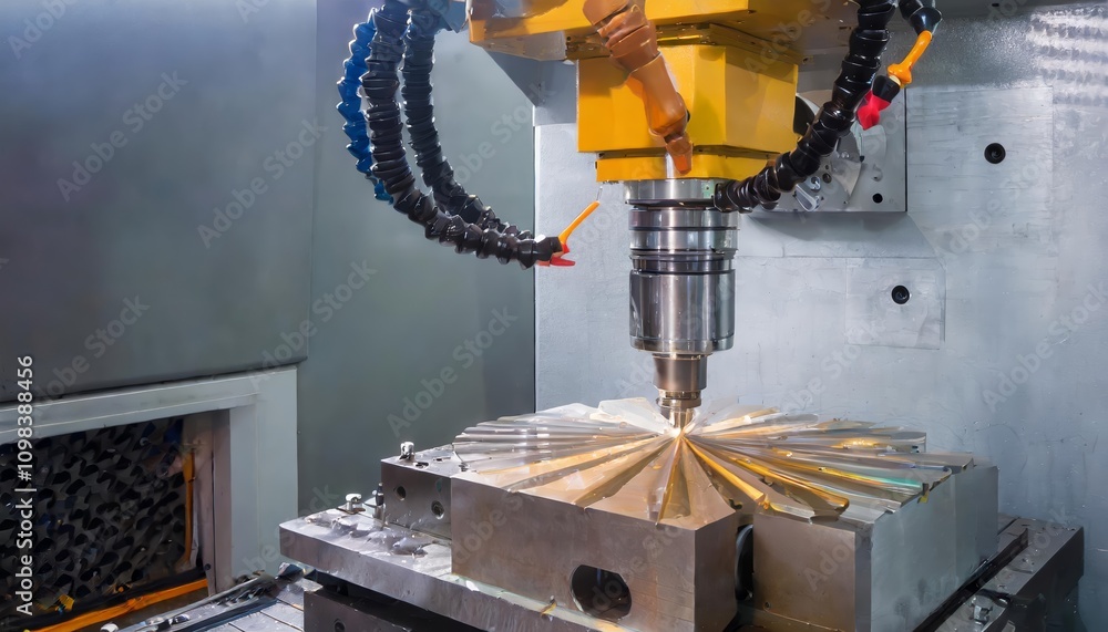 Poster high-precision metalworking cnc milling machine in operation, showcasing advanced hi-technology mach