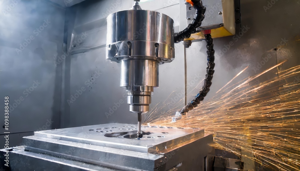Poster advanced metalworking cnc milling machine in action: precision hi-technology machining for manufactu