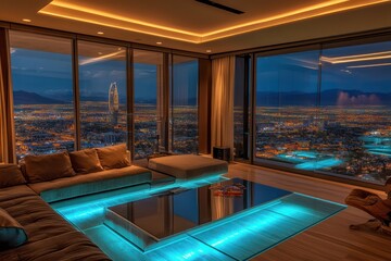 Fototapeta premium Ultra-modern living room with architectural lighting, a glass floor panel, and a dramatic city view.
