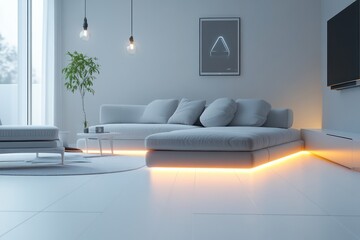 Ultra-modern living space with seamless smart home features, minimalist furniture, and soft underfloor lighting.