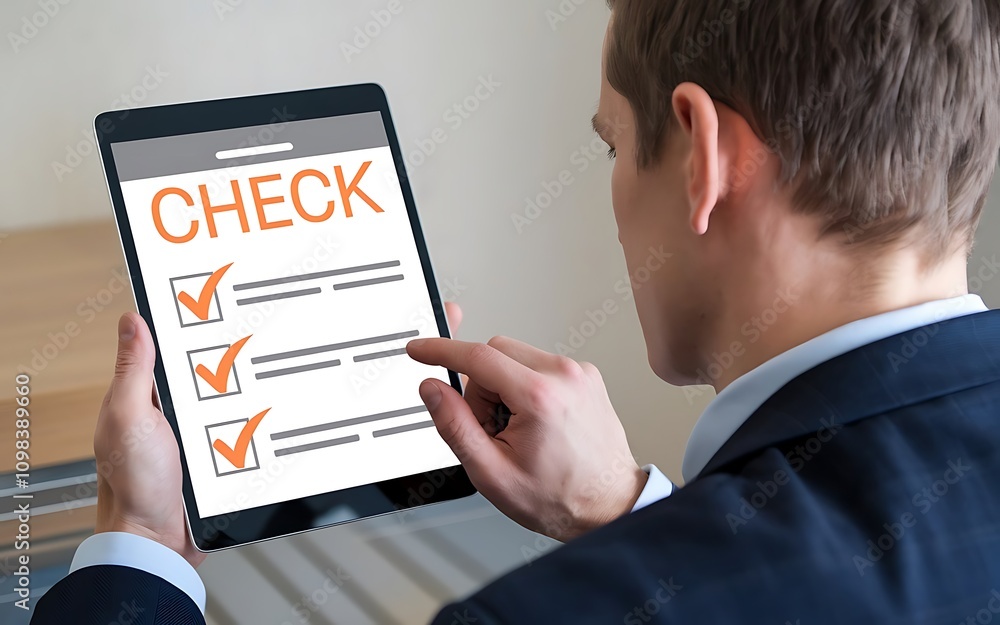 Poster man checking off tasks on digital checklist: a businessman in a suit diligently checks off tasks on 