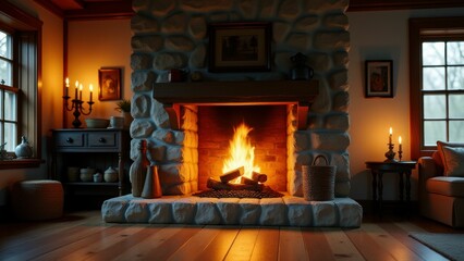 Large stone fireplace with a glowing fire in a traditional cozy setting