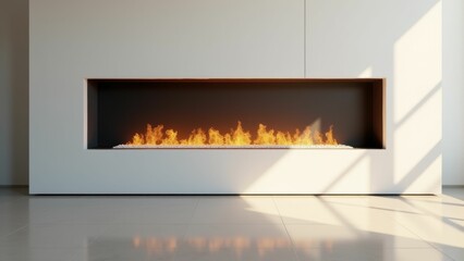 Modern linear fireplace with sleek white design, glowing flames, and minimalist charm in a bright interior