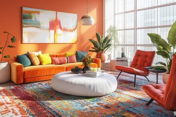 Vibrant and colorful modern living room with a mix of mid-century and contemporary furniture, bright textiles, and a large, plush area rug.