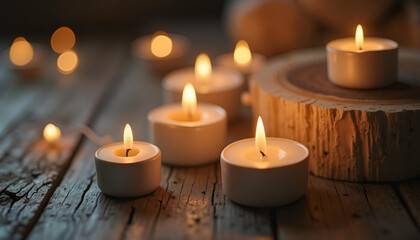 Group of candles with bright flames on wooden surface, warm atmosphere and cozy decor