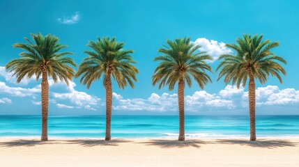 Obraz premium Four palm trees on a white sandy beach with turquoise ocean water and blue sky.