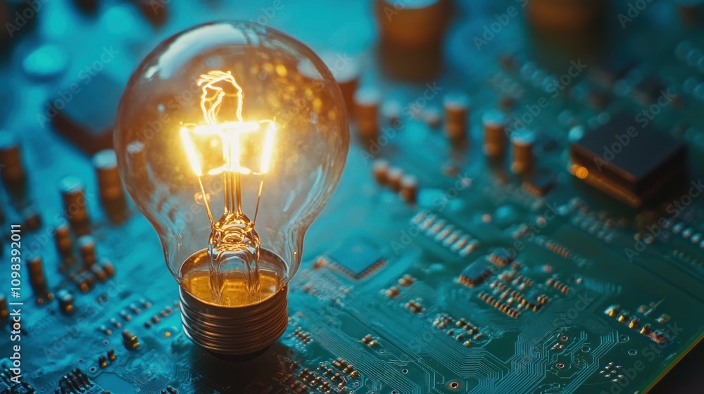 Poster light bulb on a circuit board symbolizing innovation.