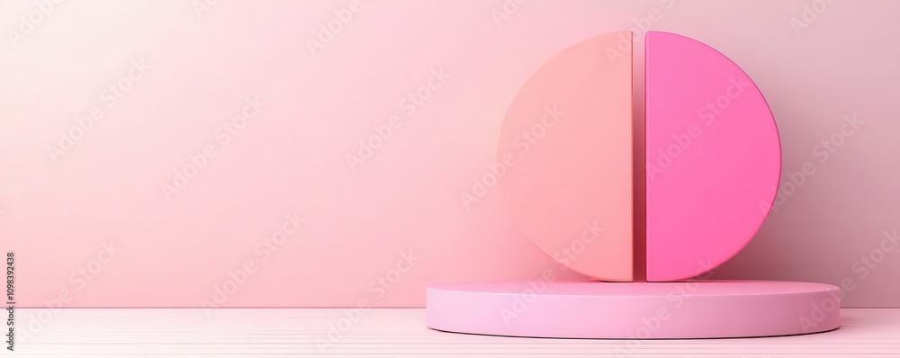 Poster a minimalistic display featuring a split pink circle atop a matching pink base against a soft pink b