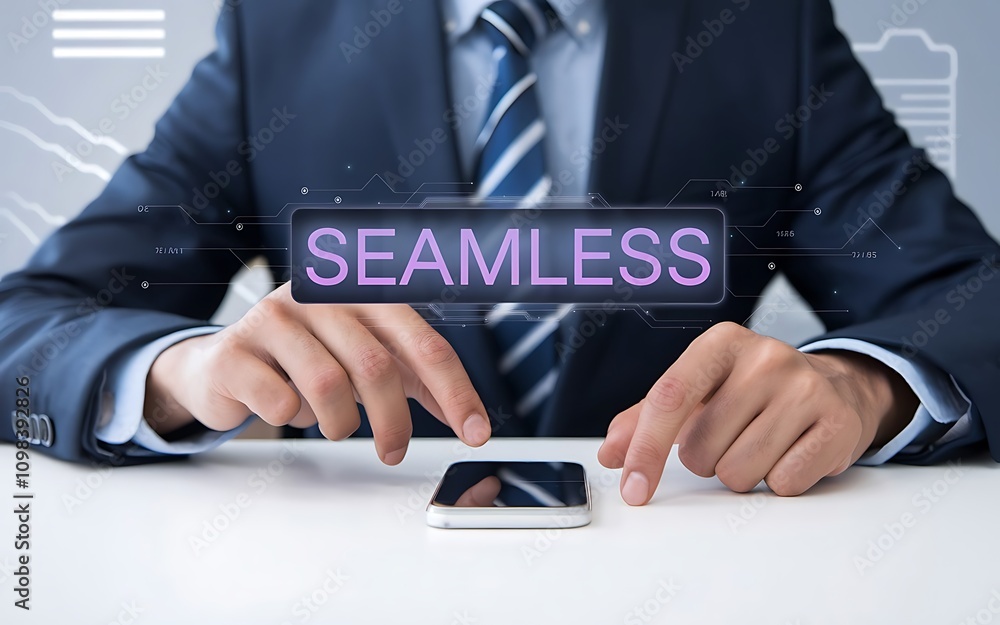 Poster seamless mobile experience: businessman using a smartphone with the word 