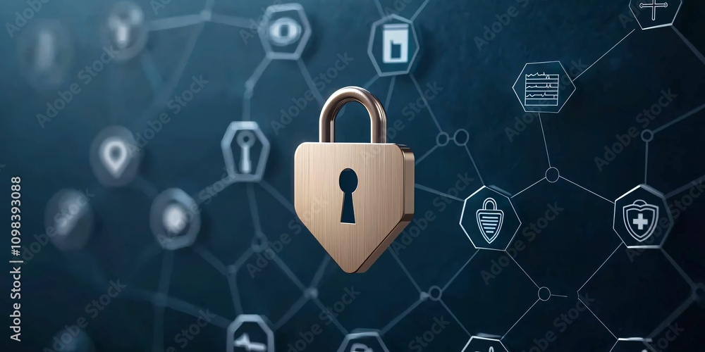 Poster healthcare it security. a digital padlock symbolizing security, surrounded by various icons represen