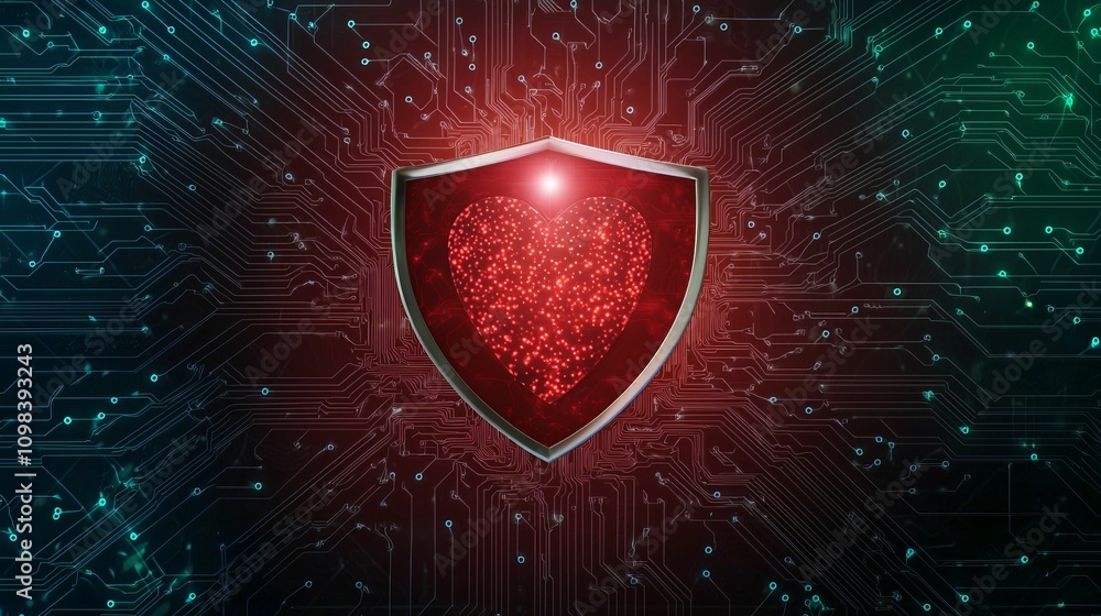 Poster it security. a glowing heart inside a shield symbolizes cybersecurity and protection, surrounded by 