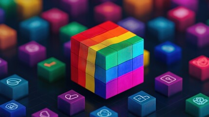 Fototapeta premium Embracing diversity lgbtq flag cube surrounded by holographic community digital space 3d visualization unity concept