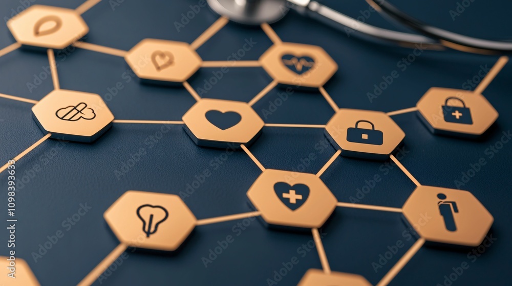 Poster healthcare it security. a close-up view of hexagonal icons symbolizing healthcare concepts, connecte