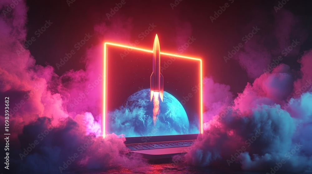 Poster a stock image showing an open laptop with a blue light, and a rocket ascending from its base.