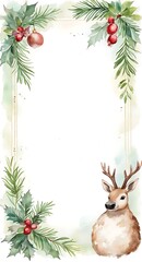 Watercolor winter frame with festive leaves, reindeer, and ornaments. Holiday border design with space for copy and greeting message.

