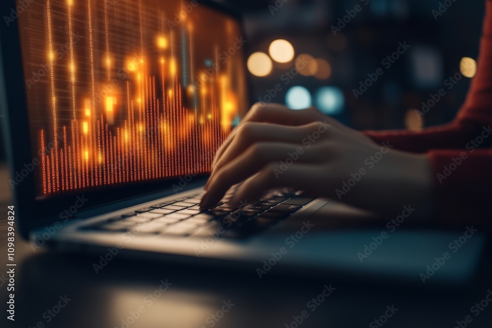 Poster a close-up image of hands on a laptop keyboard, with the screen showing glowing blue code.