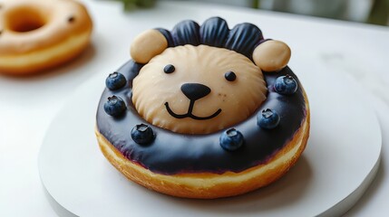 A playful lion-themed donut with a creamy face and blueberry accents, perfect for fun treats or children's parties.