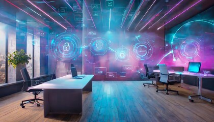 Modern neon cyberpunk open space office interior with futuristic design, glowing neon lights, and immersive digital technology overlay for an innovative, tech-focused workspace atmosphere.