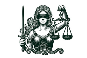 The goddess of justice Justitia with scales in her hand. Vintage vector engraving illustration.  isolated, cut oyt