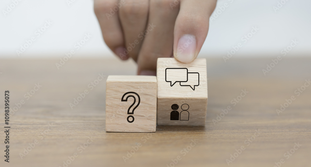 Fototapete the q&a idea. q and a symbols are shown on a wooden cube block. an example of a frequently asked que