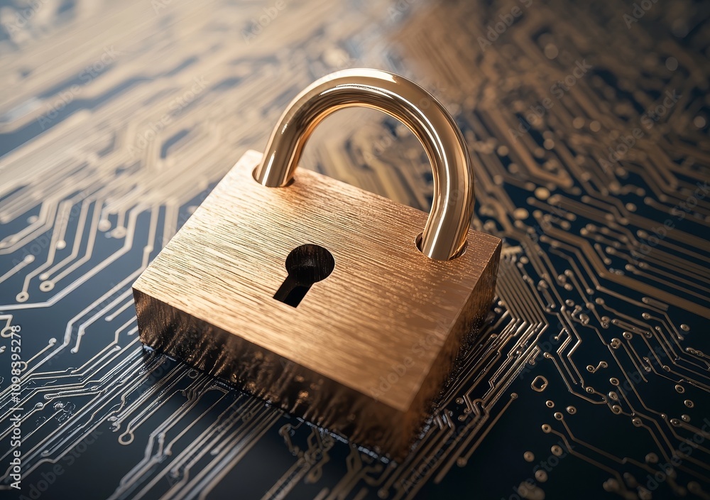 Poster representing cyber security and data protection from cyber threats, a digital padlock image is shown