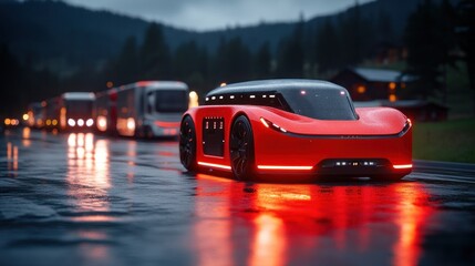 Fototapeta premium Futuristic red car driving on a rainy road.