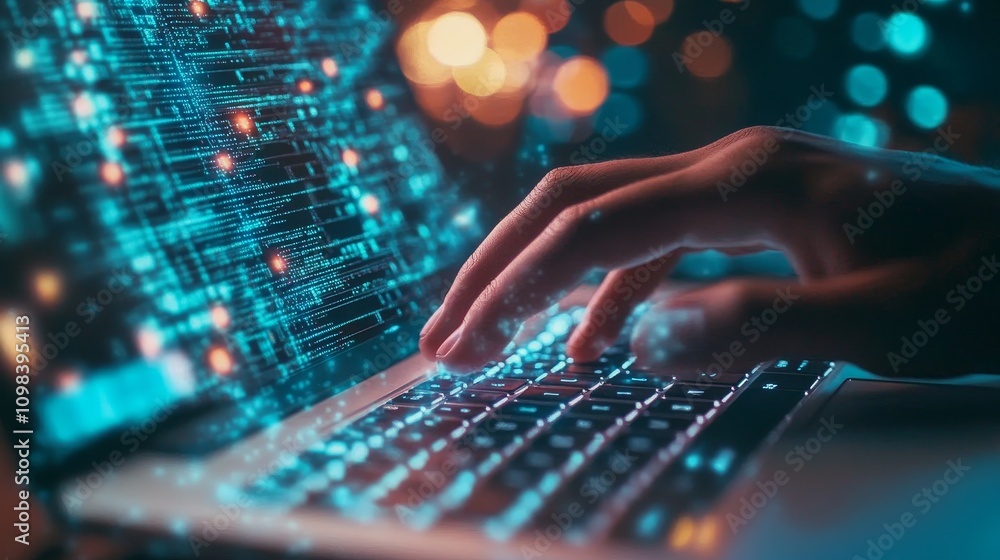 Poster typing on a laptop with digital data emerging from the keys.
