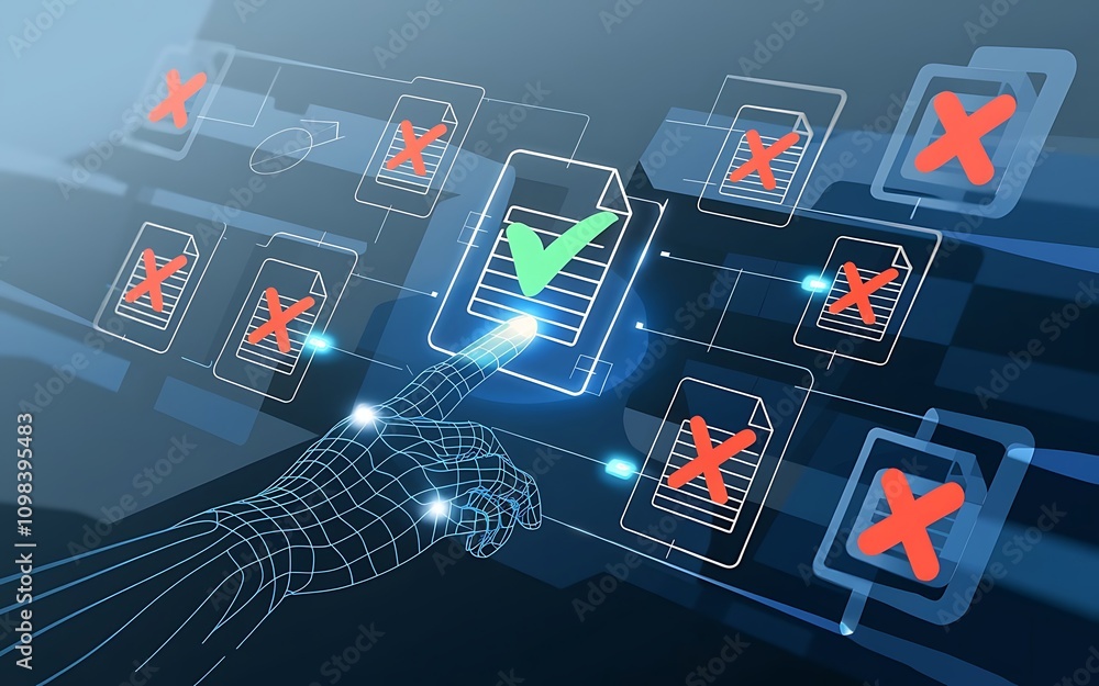 Poster digital hand selecting approved file: a stylized robotic hand reaches out to select a verified file 