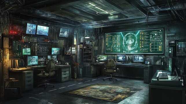 A detailed 3D visualization of a data center server room, containing a variety of server racks loaded with the latest technology.