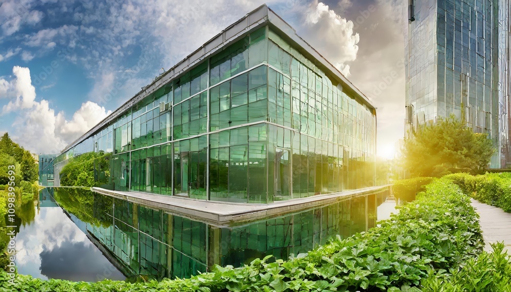 Poster modern office green building with sustainable architecture, showcasing a panoramic view and cutting-