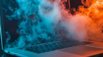 A laptop computer is set against an orange and blue smoke cloud background.
