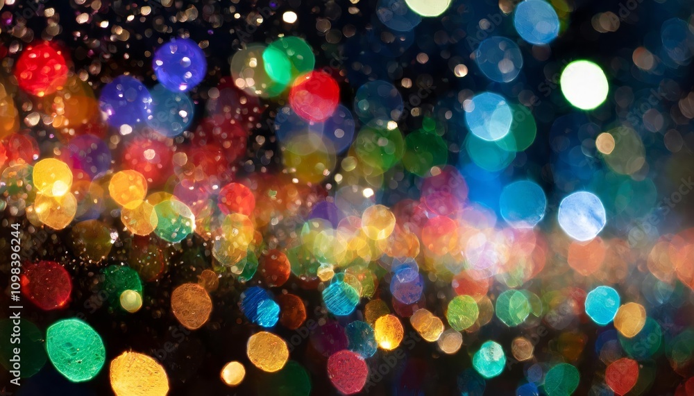 Poster vivid multicolor bokeh with raindrop effects, rainbow confetti, and softly blurred lights creating a