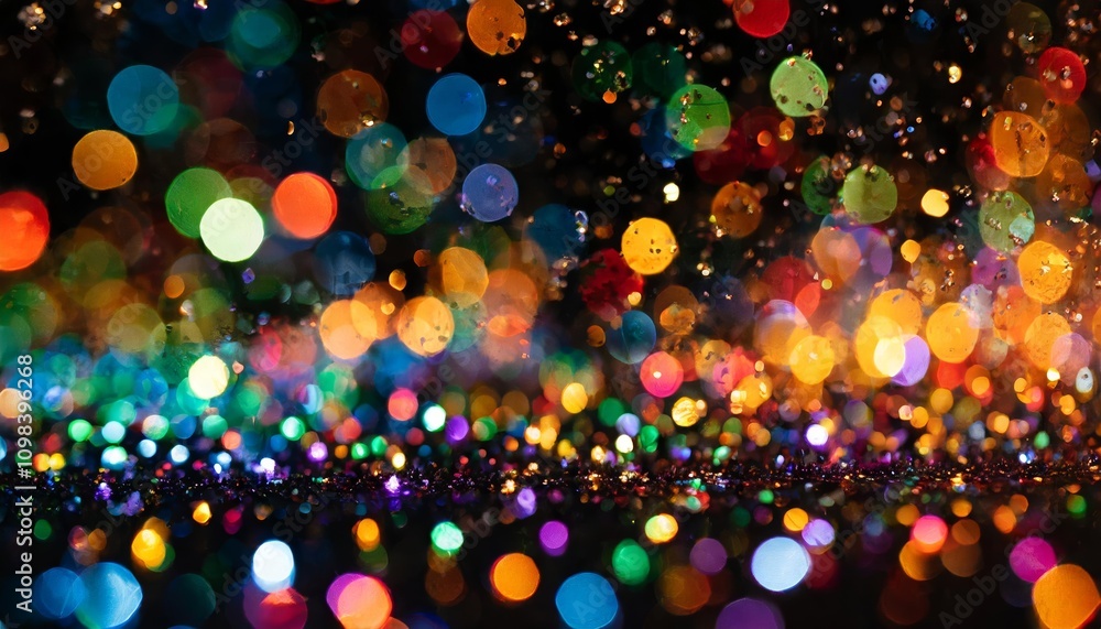 Poster mesmerizing multicolor bokeh with rain-soaked light trails, blurred lights, and vibrant rainbow conf