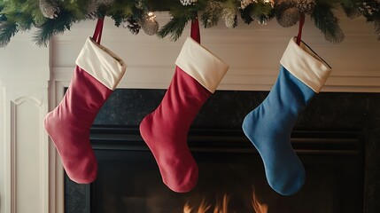 Empty Stockings Hung On Fireplace On Christmas Eve