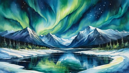 Dramatic northern lights illuminate a serene mountain landscape in vibrant watercolor art showcasing nature's beauty at nighttime