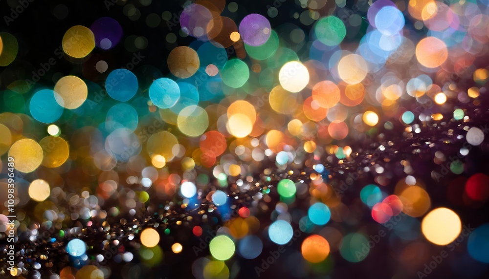 Poster vibrant multicolor bokeh effect with blurred raining lights, rainbow hues, and confetti-like pattern