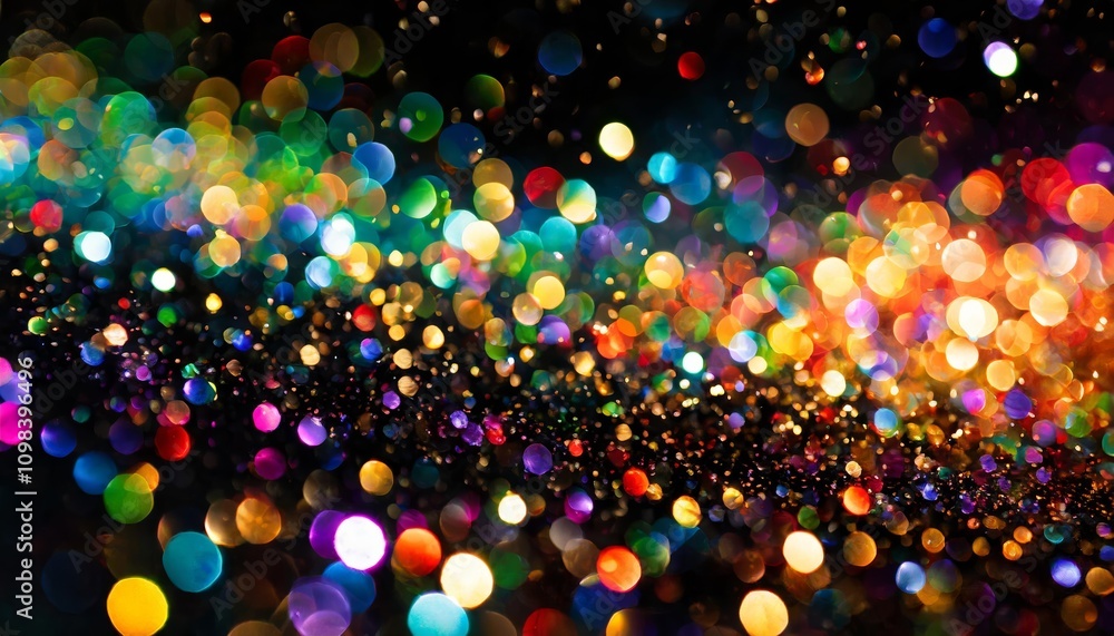 Poster multicolor bokeh effect with vibrant blurry lights creating a mesmerizing backdrop of rainbow confet