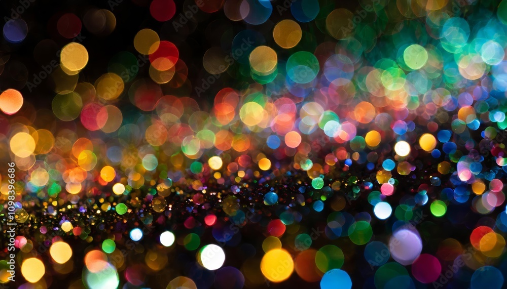 Poster a captivating multicolor bokeh effect with cascading, rain-like blurry lights set against a dreamy, 