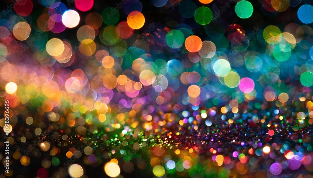Poster vibrant multicolor bokeh background with raining light effects, featuring blurred rainbow-hued confe