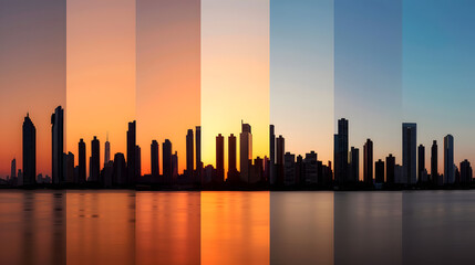 Witness the breathtaking transformation of a modern city skyline as day gracefully yields to night, a captivating timelapse capturing the vibrant hues of sunset and the serene ambiance of twilight.  