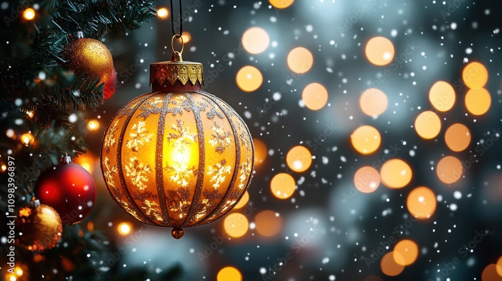 Poster glowing christmas ornament with snowflakes on a christmas tree with a bokeh background.