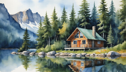 Obraz premium Serene lakeside cabin surrounded by tall pines and mountains in a tranquil watercolor setting during the day