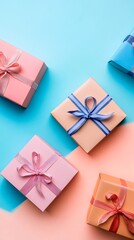 Gift boxes on color background, flat lay