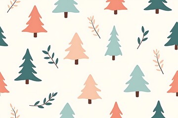 Obraz premium Adornos pastel y hojas sin costuras, diseño navideño minimalista con tonos suaves y detalles delicados.