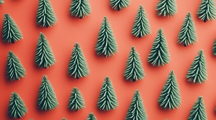 Minimal composition pattern background of green Christmas trees on pastel red.
