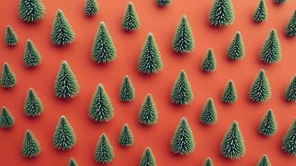 Minimal composition pattern background of green Christmas trees on pastel red.
