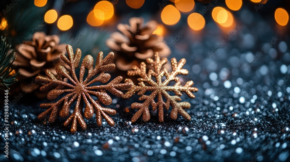 Poster gold snowflakes and pine cones on a sparkly surface with bokeh lights in the background.
